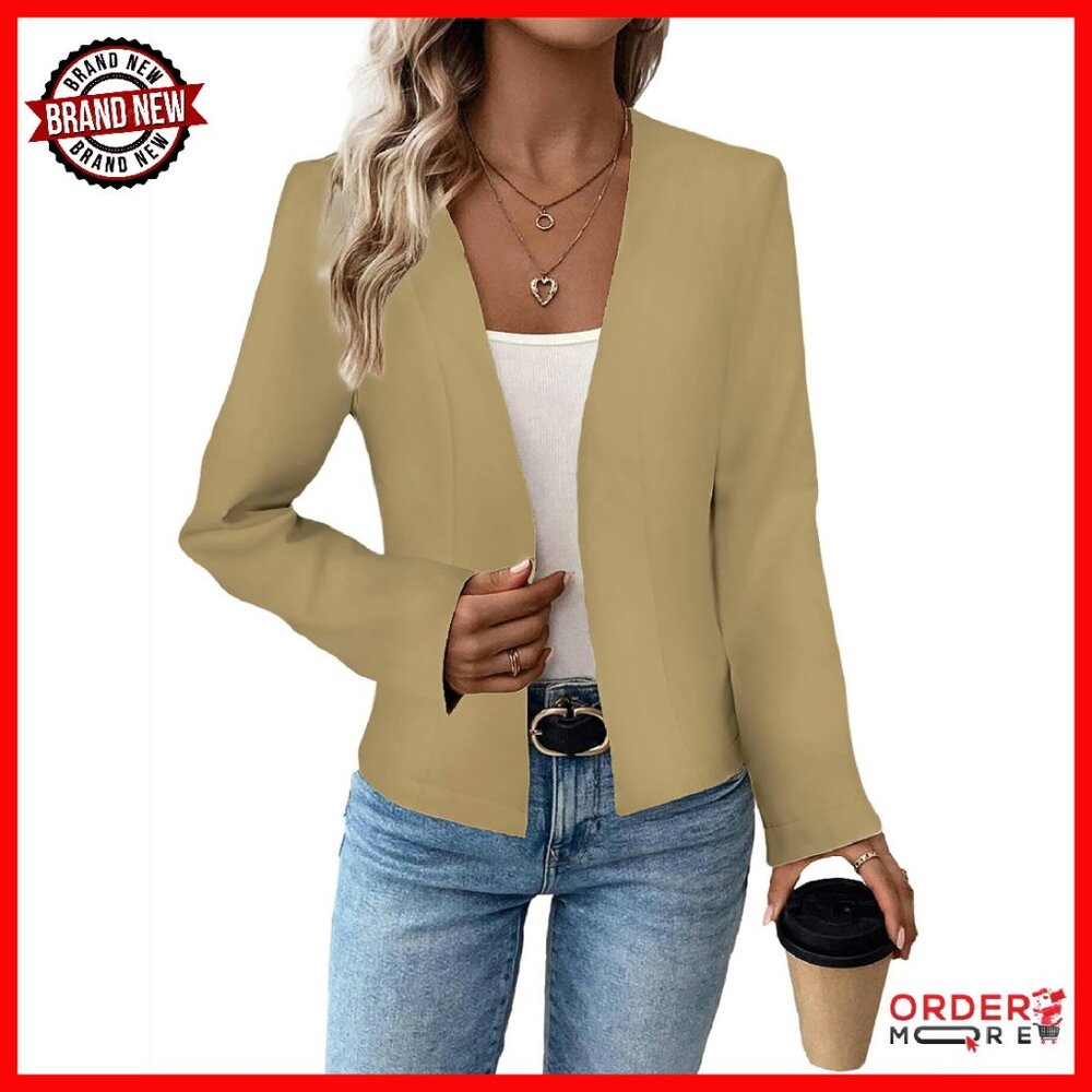 Stretch Tweed Blazer Collarless Open Front Fitted Work Casual Jacket